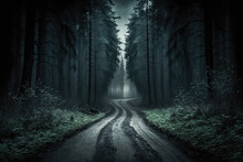 Deserted Dark Forest Road , Ai Generated