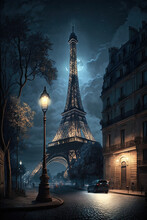 Night In Paris With The Eiffel Tower In View , Ai Generated