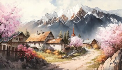 Wall Mural - Alpine village blooming spring plants and mountains as digital illustration (Generative AI)