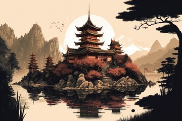 Wall Mural - In the middle of a lovely river sits a towering Asian palace. Temple of the Golden Red Dragon set in a landscape of trees and mountains. Generative AI