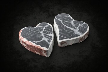 Two seasoned, marbled beef steaks in the shape of a heart, cooked on a stone slab. Generative AI