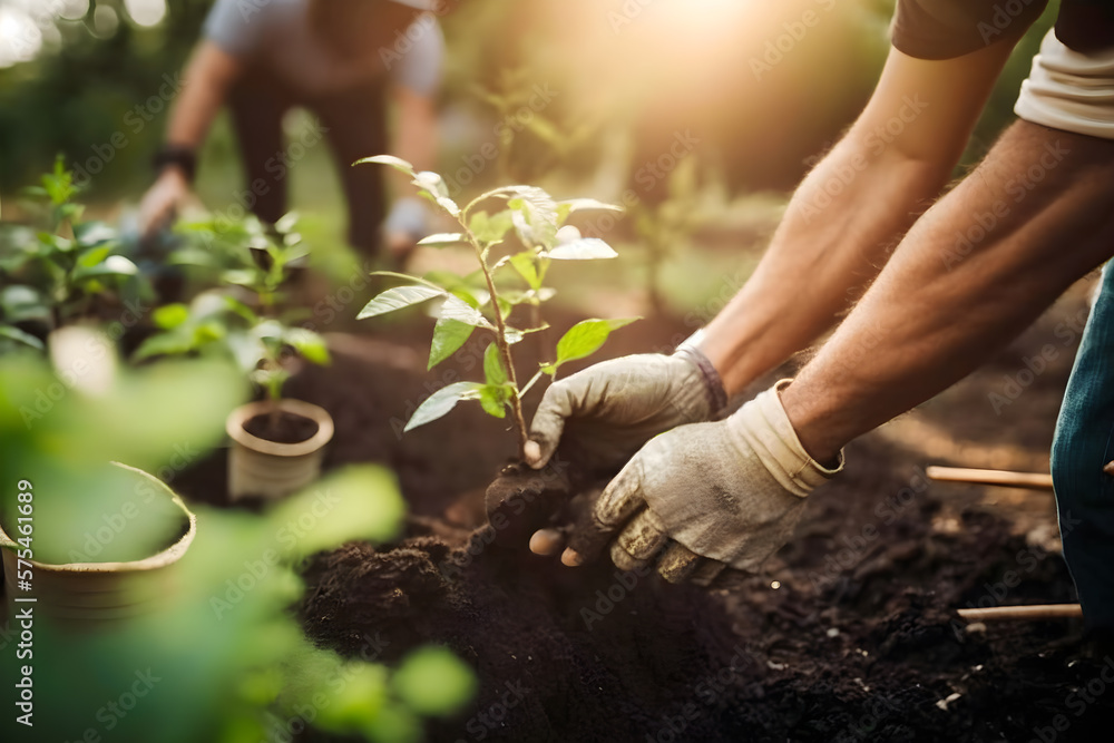 People planting trees or working in community garden promoting local food production and habitat restoration, concept of Sustainability and Community Engagement. Generative Ai