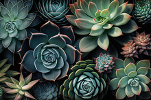 Succulent Plants As Background, Top View. Generative Illustration For Banner Design