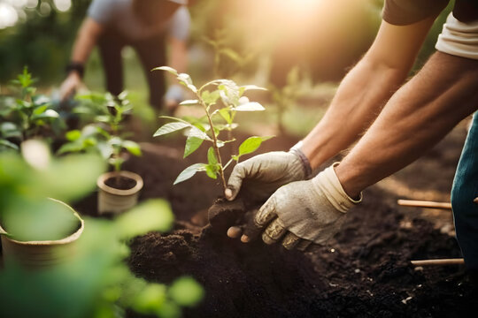 people planting trees or working in community garden promoting local food production and habitat res