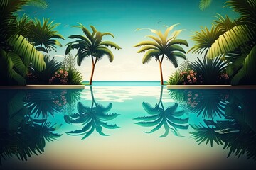 Wall Mural - Summer beach swimming pool on sunny day with reflection of palm trees, tropical environment, exotic island hotel resort theme. Paradise pool, beach, and tropical vegetation in the summer. Generative