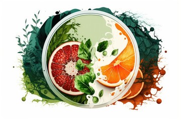 Wall Mural - Green, red, and orange smoothie; fresh vitamins; morning drink made with spinach, pomegranate, and kiwi; vegan food concept. Generative AI