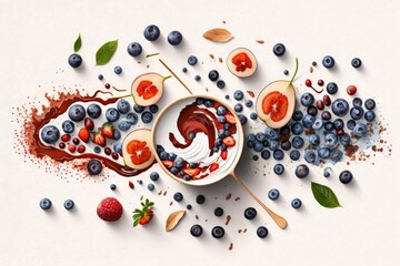 Sticker - Muesli, acai blueberry smoothie, and fruits on white. The idea of eating healthily. Flat lay, top view, close up. Generative AI