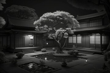 Canvas Print - Stunning Nighttime View of a Traditional Japanese Courtyard. Fictional Setting. Imaginative Visualizations. True to Life Artwork. Ambient CG digital artwork for a video game. Beauty of Nature