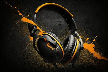 Sticker - Image of orange headphones superimposed on a black concrete background. Generative AI