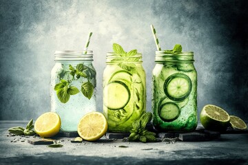 Poster - Mason jars with refreshing cucumber and mint lemonade on a light slate, stone, or concrete background. Generative AI