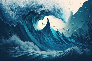 Sticker - Please take in the beautiful illustration of crashing waves. Generative AI