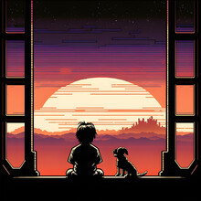Boy And His Dog Staring At A Retro Night Sky.  Pixel Art Style, 8bit Nintendo, Apple IIe Style,  Simple Color Palette.  Sunset.  Generative AI.