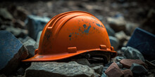 China Mine Disaster 2023: Chinese Mine Collapse Symbolism. Dirty, Dusty Damaged Orange Chinese Hard Hat, Mining Helmet Laying In The Rocks, Debris, And Rubble From A Mine.