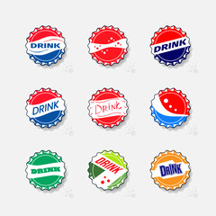 Bottle cap icons set. Template form for soft drink, lemonade, soda. Zigzag circle. Smooth shapes and elements, attractive colors, bubbles. Typography design, Pop Art, label. Vector illustration.