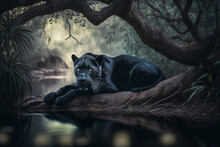 Black Panther Resting In The Pantanal Jungle, Generative Ai, Cat, Animal, Feline, Nature, Wild, Wildlife, Predator, Animals, Wildcat, Carnivore