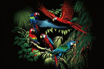 Wall Mural - Mixed breed parrots in the jungle. In the midst of the dense, dark greenery, a macaw parrot soars overhead. Costa Rican tropical forest is home to a rare hybrid of the Ara macao and the Ara ambigua. T