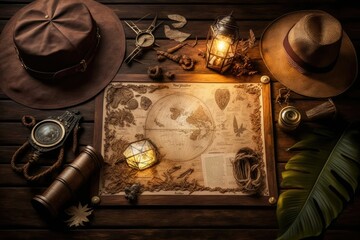 Wall Mural - Background with a brown wooden table, a pirate treasure map, and other items. Generative AI