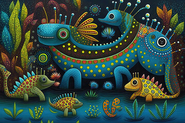  Bright illustration of mexican alebrijes imaginary creatures in colorful style