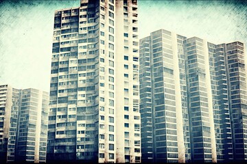 Canvas Print - Crisis in the real estate market, empty high rise residential complex in the background. Grunge effect for photos. Generative AI