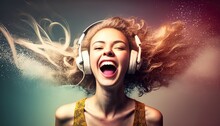 Young Woman With Headphones Listening Music And Singing Loud