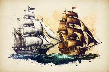 Sticker - Two ships pursuing a pirate vessel. Generative AI