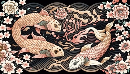 Beautiful tradicional japanese pattern with fishes and cherry blossoms. Amazing wallpaper, great design. Perfect background for several uses.  