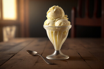 Gourmet vanilla ice cream in glass bowl on ice cream parlor table. AI generated. frozen dessert