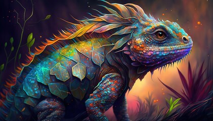 colorful painting of an animal with creative abstract elements as background. fantasy animal. illust