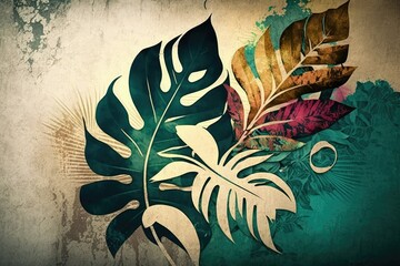 Wall Mural - Exotic tropical leaves were drawn on a grungy concrete wall. Fabricated in the style of a floral pattern. Wallpaper, photo wallpaper, mural, card, and postcard artwork. Generative AI
