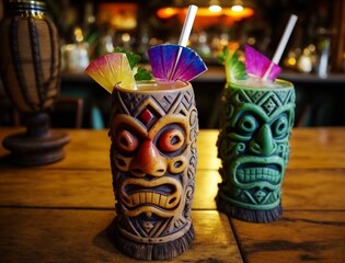 Tropical Tahiti drink in Tiki mask cups in a bar.