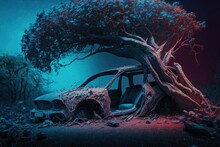 Damaged Automobile In New Delhi, India On May 31, 2022, After A Tree Was Uprooted By A Dust Storm That Was Followed By Rain. After A Severe Storm Hit Delhi, A Car Was Crushed Beneath A Large Tree