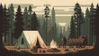Vector Style Flat Illustration of Cowboy Campsite with Frontier Canvas Tent and Campfire. Bushcraft or Backpacking Camp with Wrangler and Chuckwagon.  [Storybook, Fantasy, Historic, Cartoon Scene.]