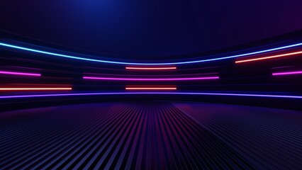 Wall Mural - 3d technology abstract neon light background, empty space scene, spotlight, dark night, virtual reality, cyber futuristic sci-fi background, street floor studio for mock up. colored geometric.