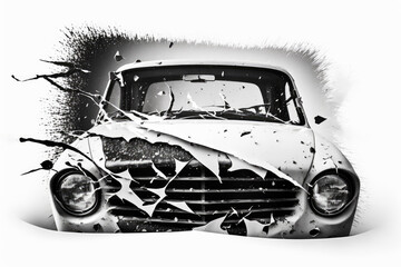 Sticker - Accidentally smashed white car's windshield, isolated on white. Generative AI