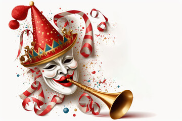 Isolated on a white background, a musical trumpet, a mask with lips and a jester hat with bunting and confetti wish you a merry Carnival!. Generative AI