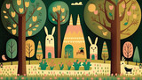 Fototapeta Uliczki - An easter illustration, mr and mrs easter bunny, a home in the woods, folk art style, warm colors, Generative AI 