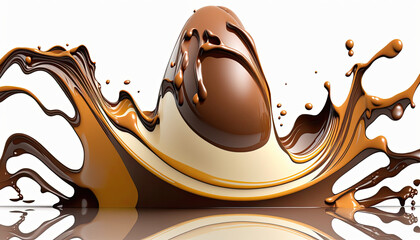 Sticker - A swirl of liquid dark and white chocolate, a chocolate easter egg splashing in milk chocolate caramel swirls and waves, Generative AI 