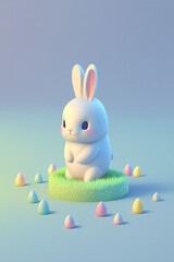 Sticker - 3d cute easter bunny rabbit, blue, wood, background, , Generative AI 