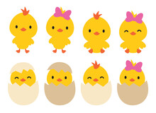 Little Baby Boy And Girl Easter Chick And Chicken Vector Illustration. Hatching Baby Chick And Chicken Vector Illustration Set.