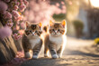 Couple baby cute cats walk at cherry blossom garden abstract background. Animal and nature concept. Generative ai