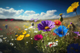 Fototapeta Nowy Jork - Colorful natural flowers on blue sky abstract background. Spring season and nature concept. Generative ai