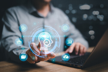artificial intelligence concept. man using technology smart robot ai for work development and manage