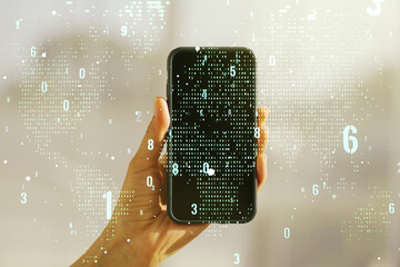 Wall Mural - multi exposure of abstract software development hologram with world map and hand with cell phone on 