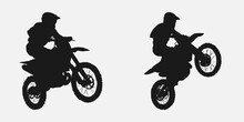 Set Of Silhouettes Of Motocross Riders. Concept Of Sports, Jumping, Racing, Motorcycle. Hand Drawn Vector Illustration.