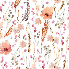 Watercolor Boho Wildflowers Floral Seamless Pattern. Hand Drawn Elegant, Delicate Botanical Background. Repeatable Texture, Wrapping Paper, Stationery, Wallpaper, Fabric, Paper, Textile