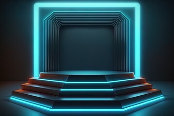 Wall Mural - Subterranean neon lights illuminate a blank podium in today's empty, stage-bound performance Illustration of an abstract laser beam beaming over a vivid backdrop Generative AI