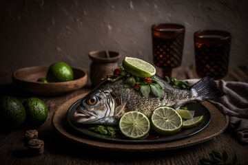 Wall Mural - grilled fried fish with lemon on plate low light, sea food illustration Generative AI