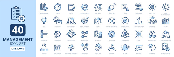 management icon set. containing time development, task, deadline, plan, manage, setting and process 