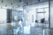 Abstract Virtual Stats Data Hologram On A Modern Furnished Office Background. Multiexposure