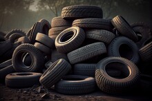 Pile Of Old Used Car Tires On A Dark Background. Generative AI